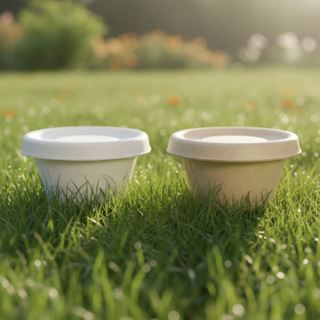 Two biodegradable sugarcane cups on the grass,for a sustainable recycle planet