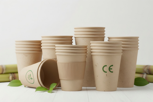 bagasse cups with CE logo are on the table