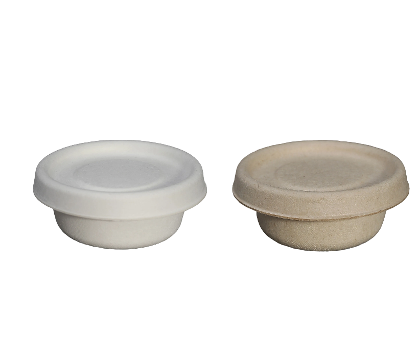 two sugarcane bagasse sauce cups with lids，one is white the other is natural
