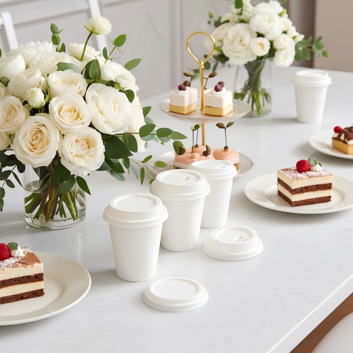Elegant table setting with biodegradable white sugarcane coffee cups, cakes, and fresh flowers, perfect for a stylish event or gathering
