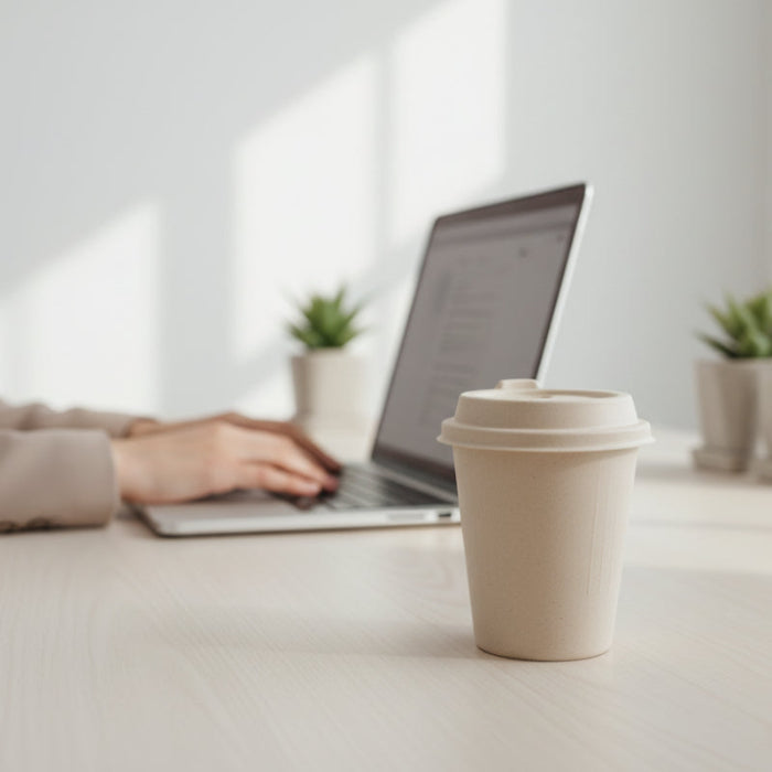 A 12oz sugarcane coffee cup on the table，Office Essentials for Staying Alert