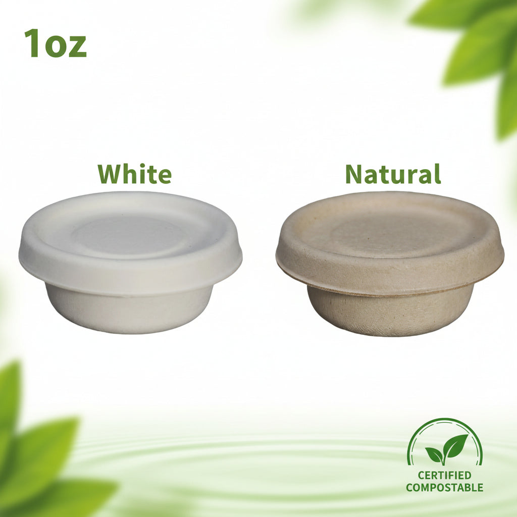 A white and a natural colour biodegradable sugarcane dip cups with lids