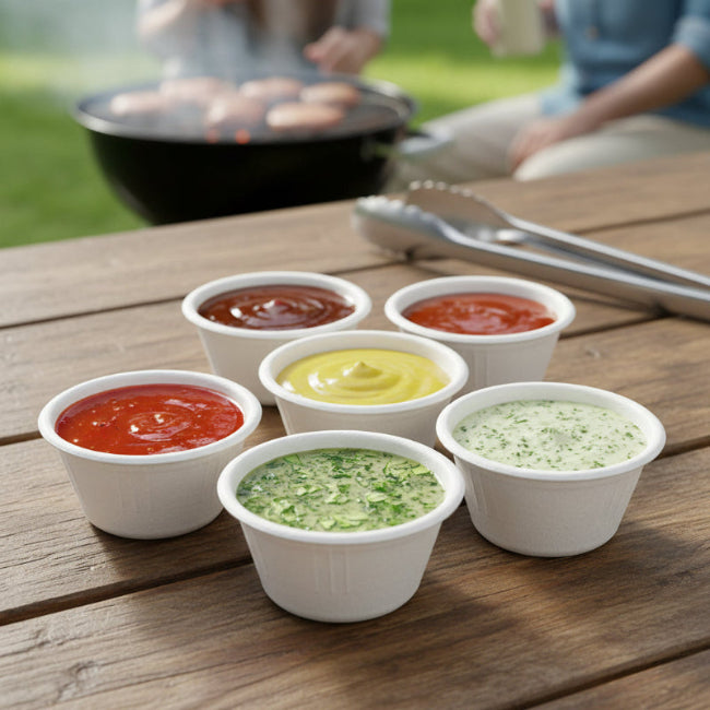 Compostable plant-based sauce cups holding dipping sauces at a sustainable outdoor barbecue