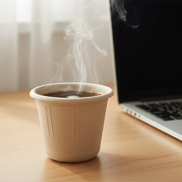 6.5oz eco-friendly cup sits in the table with hot coffee