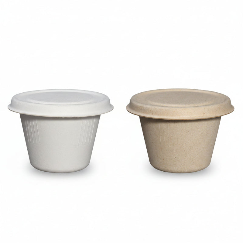 A natural and a white bagasse cups with lid