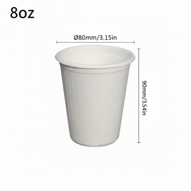 White ceramic 8oz bagasse cup with a 3.15-inch diameter and 3.54-inch height, showcasing a simple cylindrical design