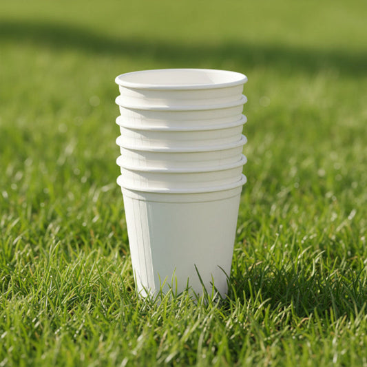 Sustainable Bagasse Coffee Cups (6 Units) Arranged on Grass - Compostable Party Supplies