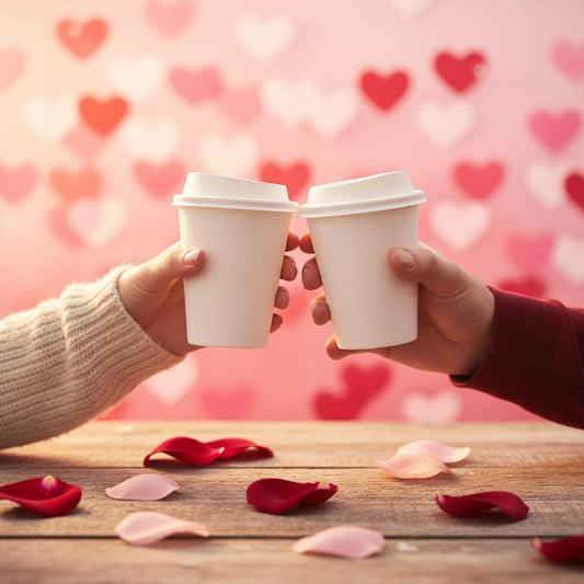 Compostable sugarcane bagasse takeaway coffee cups used for Valentine’s Day and couple drinks