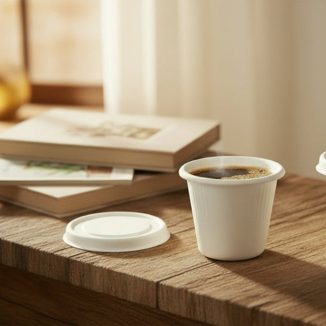 Elegant table setting with biodegradable white sugarcane coffee cups, books, and magazine, Ideal for enjoying a peaceful afternoon tea by oneself