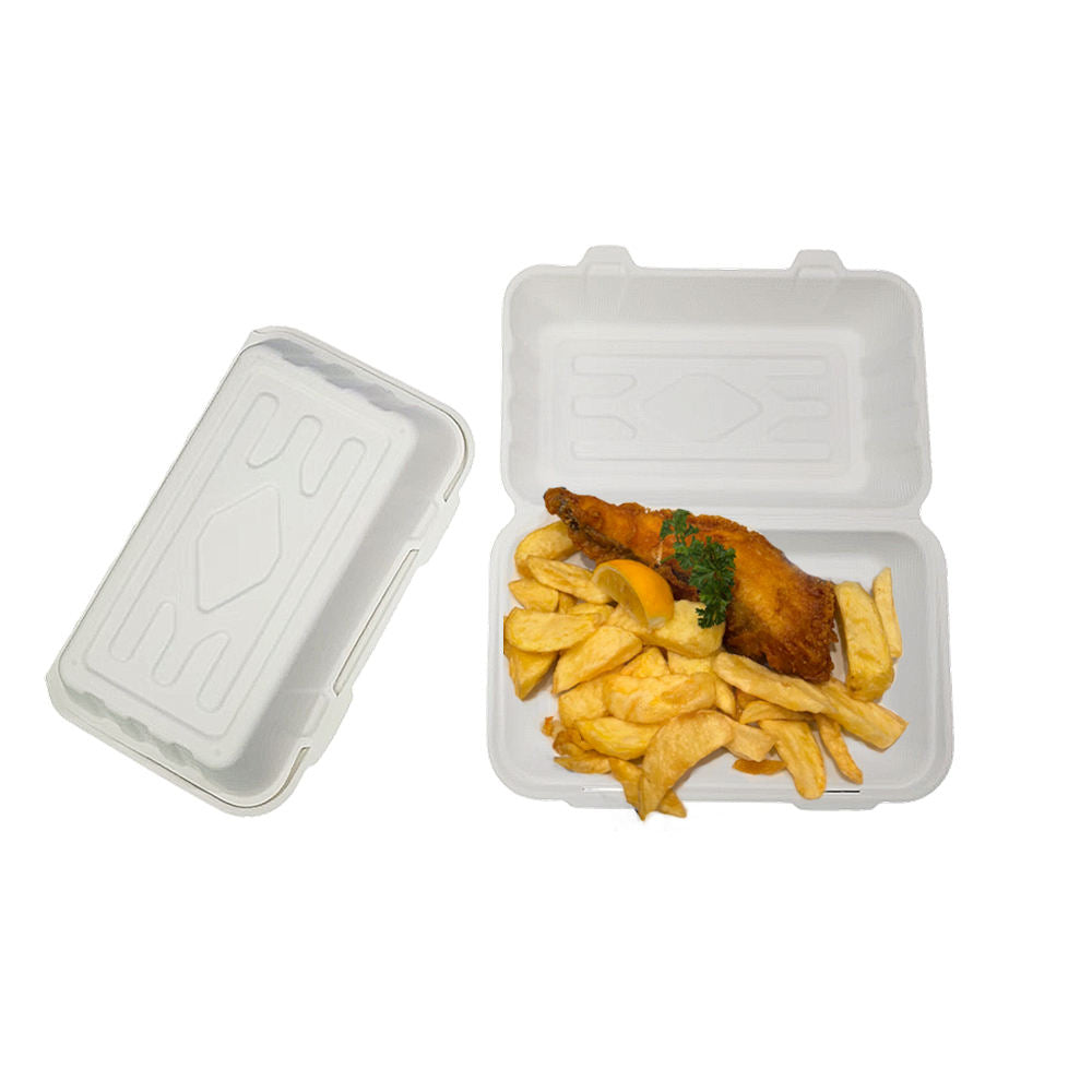 Fish and Chip Box Sugarcane Clamshell Food Box Take Away Bagasse Fish and Chips Box