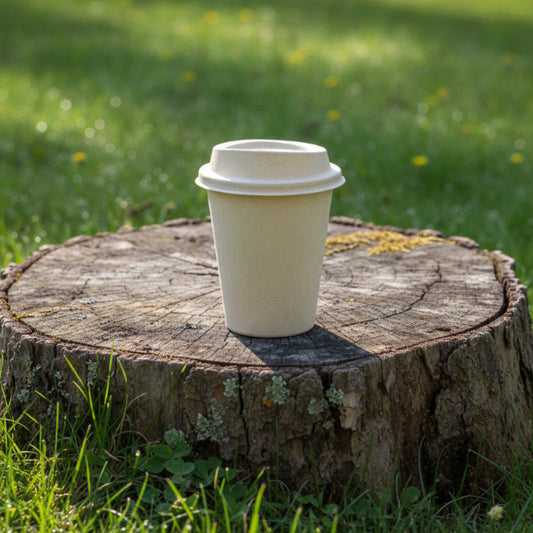 A sugarcane pulp cup with lid placed on a tree stump, surrounded by lush green grass in a natural setting