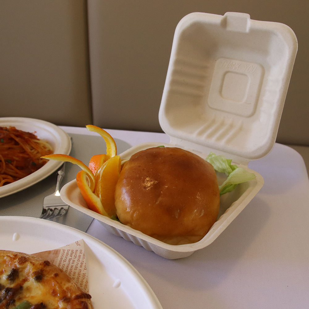 Compostable bagasse clamshell container for burgers and fast food, sustainable food packaging supplier