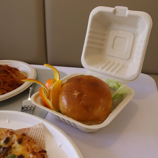 Compostable bagasse clamshell container for burgers and fast food, sustainable food packaging supplier
