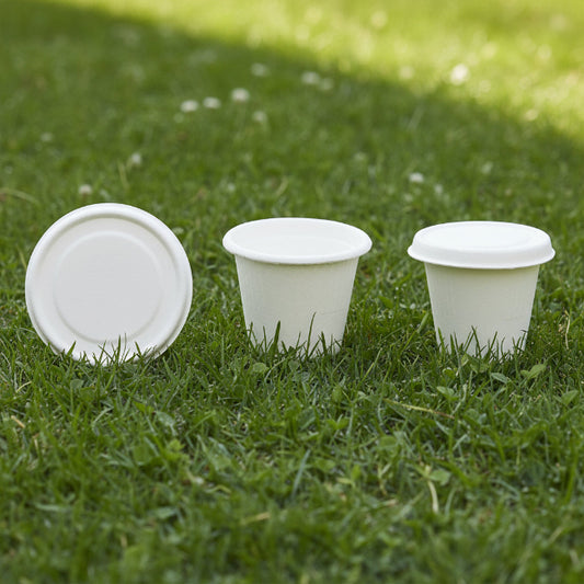 Bagasse cups with lids are placed on the grass for display