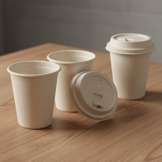 Three natural bagasse coffee cups with lids on the table