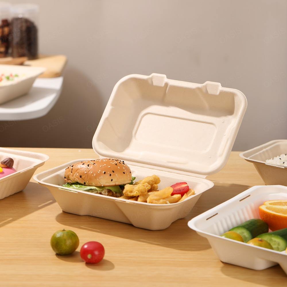 Compostable sugarcane bagasse clamshell container for burgers and fast food, sustainable takeaway packaging manufacturer
