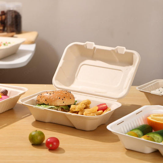 Compostable sugarcane bagasse clamshell container for burgers and fast food, sustainable takeaway packaging manufacturer