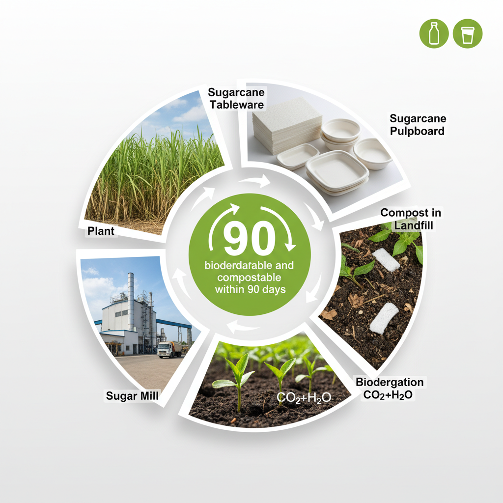 Infographic illustrating the 90-day biodegradation and composting cycle of biodegradable sugarcane packaging, from sugar mill to plant, pulping, and composting