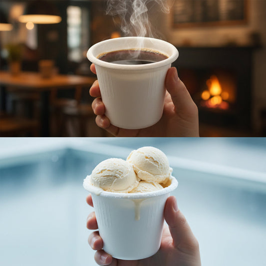 Compostable 6.5oz bagasse cup，perfect for both coffee and ice cream