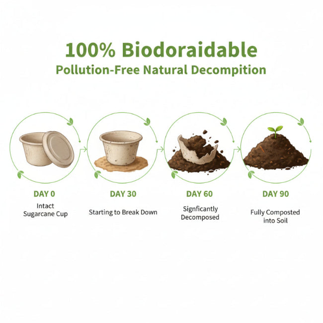 100% Compostable sugarcane cups， Fully degrades within 90 days under industrial composting conditions