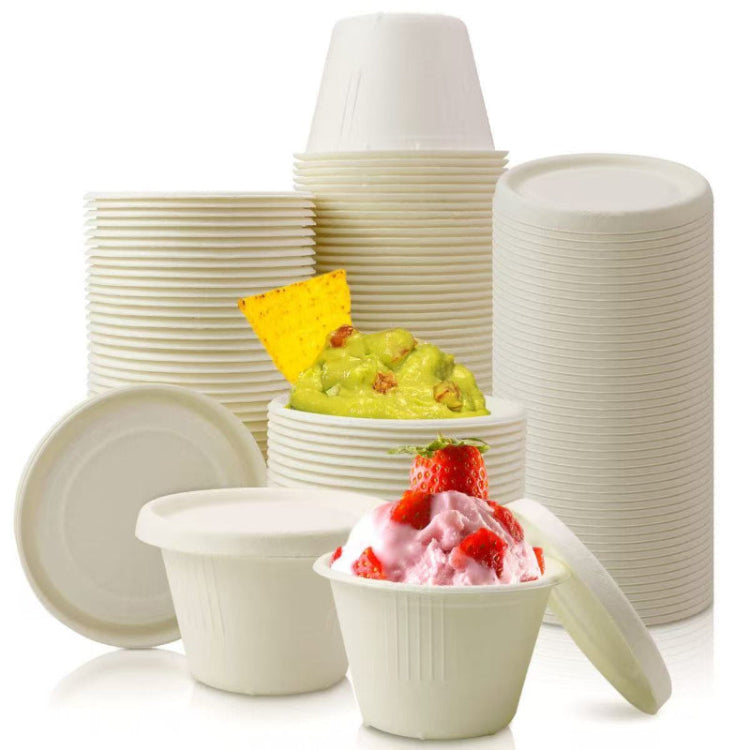 Eco-friendly bagasse sauce cups with lids showcase，bulk solution