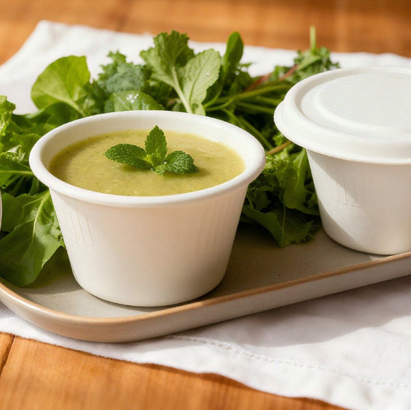 Biodegradable sauce cups and vegetables are on the tray