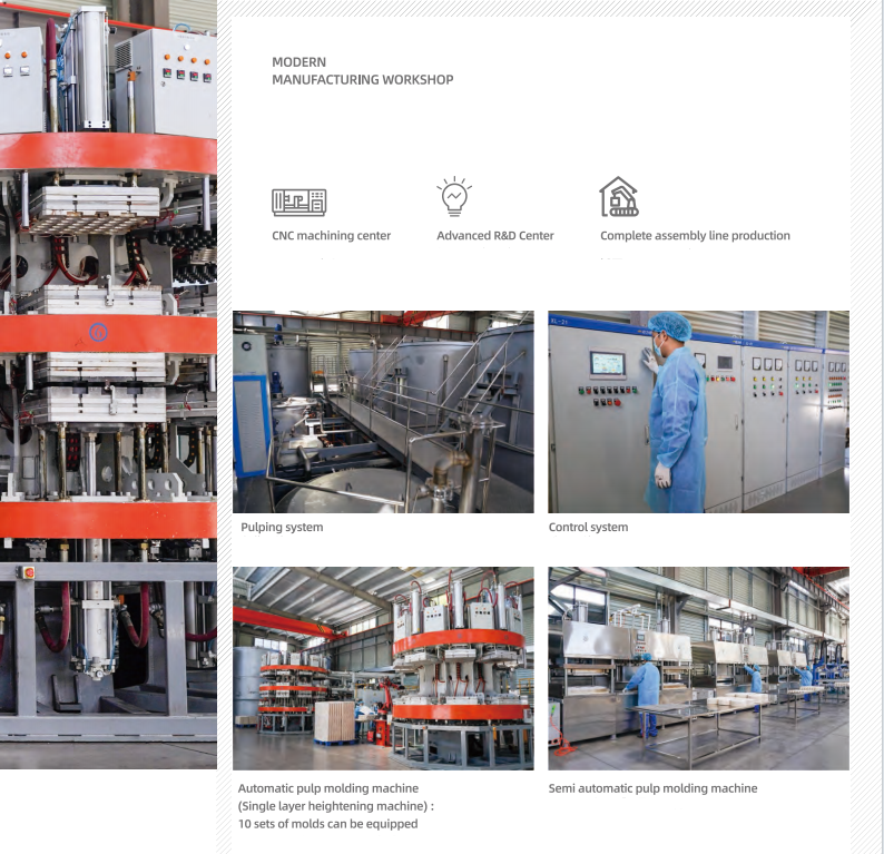 Modern manufacturing workshop for biodegradable packaging production, showcasing CNC machining center, pulping system, and automatic pulp molding machines